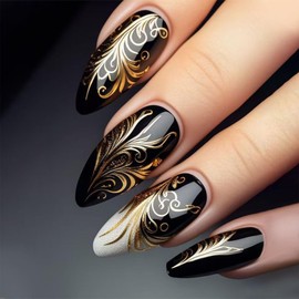 Gold Leaves Press on Nails White French Gel Glue on Fingernails Curve Line Medium Almond False Nail 24Pcs Glossy Silver Glitter Stick on Nail Acrylic Full Cover Fake Nails for Holiday Manicure Art