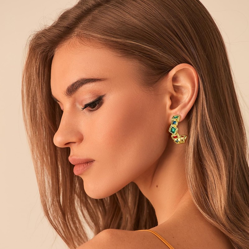 Multicolor Gemstones Hoop Earrings - Women 316L Stainless Steel Gold-Tone