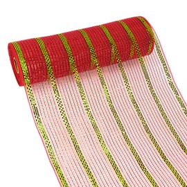 MEEDEE Red and Gold Mesh Ribbon for Christmas Tree Wide Gold Stripe Deco Mesh 10 Inch Metallic Mesh Wreath Supplies for Christmas Front Door Mesh Wreath Garland Staircase Mailbox Decorating (30 Feet)