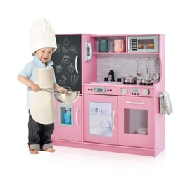 CHEFJOY Play Kitchen, Wooden Kids Pretend Cooking Toy with Microwave, Fridge, Easy Bake Oven, Chalkboard&Ice Maker, Kids Kitchen Playset Toys for Girls & Boys Ages 3+ (Pink)