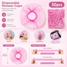 50Pcs Disposable Shower Caps, Waterproof Plastic Bath Hair Caps (Pink)