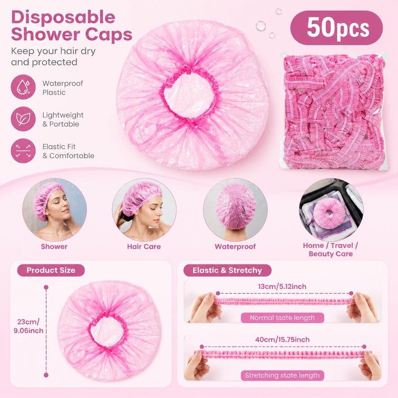50Pcs Disposable Shower Caps, Waterproof Plastic Bath Hair Caps (Pink)