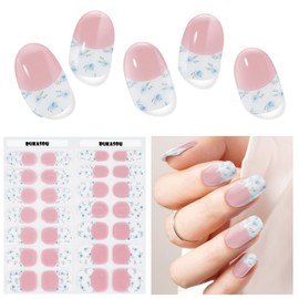 DUKASOU Semi Cured Gel Nail Strips, Blue Rose | 28 pcs Chinese Style Gel Nail Strips Work with Any UV Lamp, Salon Quality New Chinese Nail Stickers, Include Prep Pads, Nail File&Wood Stick