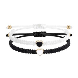 Namvo 2pcs Heart Shape Beaded Matching Bracelets Black And White Beaded Bracelets Adjustable Couple Bracelet Set Suitable For Couples And Friendship Friends Women And Girls