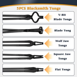 V-SEK Blacksmith Tongs Knife Making Tongs Set V-Bit Blade Tongs, Flat Tongs, Blade Tongs, Square Jaw Tongs, Wolf Jaw Tongs, Assembled Blacksmithing Bladesmith Steel Forge Tongs (5PCS)