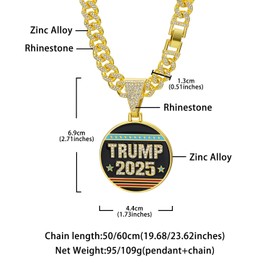Yonghao Pavilion New Hip Hop Necklace for Men Iced Out Cuban Chain Necklace TRUMP 2025 Commemorative Medallion Pendant, Gold-Tone, Crystal Rhinestone Chain 23.62 inches (silvery)