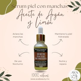 Serum Facial Antimanchas Nutritivo - Con Oro, Aceite de Limón y Rosa Mosqueta - Enriquecido con Vitamina E - 100% Natural - 30ml