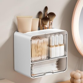 dayutech Acrylic Wall Mount Organizer, Wall Mounted Tampon and Pad Holder for Bathroom, No Drilling Feminine Hygiene Organizer with Lid and Drawer for Bathroom Cotton Swabs, Balls, Pads, Floss Picks
