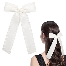 5.5" off-White Hair Bows Big Silky Satin Ruffle Tassel Ribbon Hair Clip Barrettes with Long Tail for Women Flower Girls Thick Thin Hair,Bridal Shower Wedding Party Dress Accessory