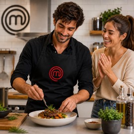 SAQUITOMAGICO Grembiule ufficiale Masterchef per adulti e bambini ricamato. Prodotto con licenza ufficiale, Nero , Taglia unica