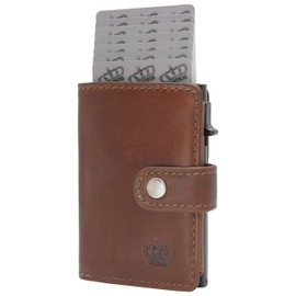 BAUR Slim Wallet with Coin Compartment, Genuine Leather Credit Card Holder for Men, Aluminium Pop-Up Case with RFID Protection, Smart Wallet, Small Wallet, dark brown, Zipped coin pocket