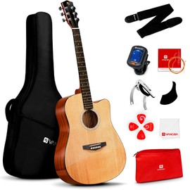 Vangoa Acoustic Guitar Kit for Beginner Adult Teen Full Size Cutaway Acustica Guitarra Starter 41 Inch Guitar Natural Bundle Set with Bag Strap Tuner Capo Pickguard Pick, Right Hand