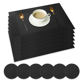 wiipara Placemats Set of 6, PVC Place Mats and Coasters Washable Non-Slip Heat Resistant Table Mats for Kitchen Dining Table Home Restaurant (6 Placemat + 6 Coaster, Black)