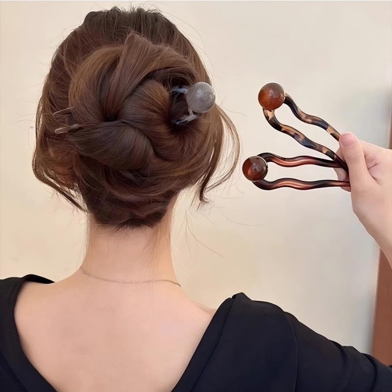 WENJESO Retro Simple Beaded U-Shaped Hair Stick for Women Bun