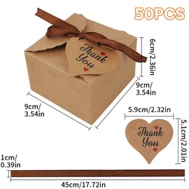 NAHUAA Pack of 50 Gift Box Kraft Paper Small Boxes Brown Small Boxes Cardboard Gift Box with Gift Tag Kraft Paper Bow for Wedding Party Gift Boxes Set 9 x 9 x 6 cm