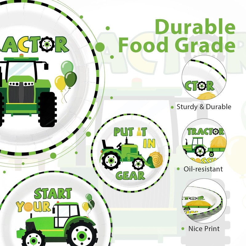 60Pcs Tractor Paper Plates 9" Green Cartoon Tractor Heavy Duty