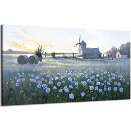 amatop Large Rustic Canvas Wall Art – Farmhouse Blue Rose and Windmill Landscape Picture, Nature Country Floral Sunset Wall Decor for Living Room Bedroom, Countryside Botanical Artwork Print 48x24 Inch