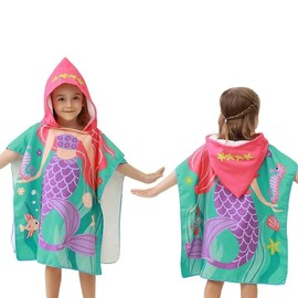 NIFTYY Kids Beach Towel with Hood, Ultra Soft Microfibre Quick Dry Swimming Bathrobe for Children, Warm Changing Robe Wrap for Boys & Girls (Fits Height: 85-120 cm) (mermaids)