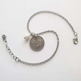 CoinageArt Sixpence Coin Anklet British Sixpence with Pearl on Brilliant Cable Chain Anklet -Sixpence Wedding Anklet -Fresh Water Pearl 5160