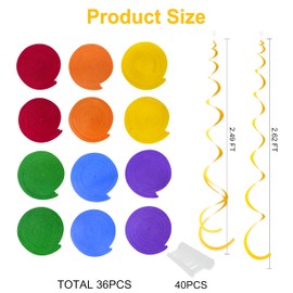 36Pcs Colorful Hanging Swirl Decorations Felt Swirl Streamer Spiral Ceiling Garland for Birthday Baby Shower Wedding Bridal Shower Rainbow Carnival Fiesta Festival Pride Party Decorations Supplies