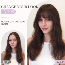 Hairro Human Hair Toppers with Bangs, 3D 360° Cover with 2.8"x5.1" Base, Clips in 100% Real Hairpieces for Women, for Covering Thinning Greyish Hair on Top, 8 Inch Cocoa Brown