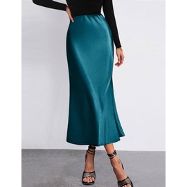 Zeagoo Silk Skirts for Women Satin Midi High Waisted Skirt Elegant Satin Skirts Fall Midi Skirts Dark Blue Small