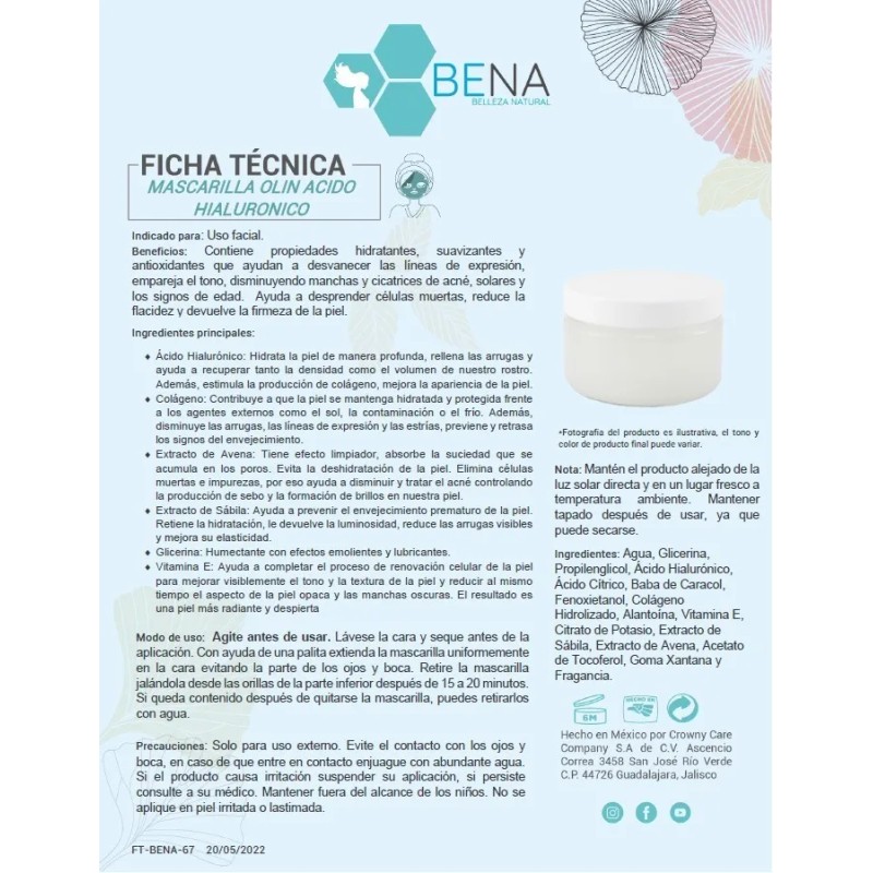 Mascarilla Peel Off Acido Hialuronico Baba De Caracol Bena C