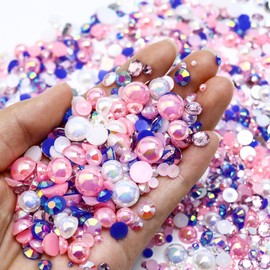 Towenm Mezcla de diamantes de imitación y perlas de 60 g, diamantes de imitación de gelatina de 2 a 10 mm y media perla para manualidades, vasos, zapatos, uñas, arte facial, con bolígrafo recogedor, azul, blanco, rosa