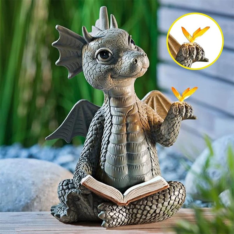 Youery Dragon Reading Book Statue, Beautiful Yard Sculpture, Resin Garden