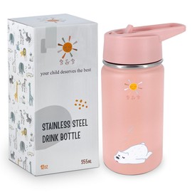 B&B Kids Stainless Steel Water Bottle with Straw Kids Insulated Water Thermos for School, Trip & Travel,Water Bottles for Boys Girls Reusable Double Wall Vacuum Leak Proof BPA Free (Pink, 12 oz)