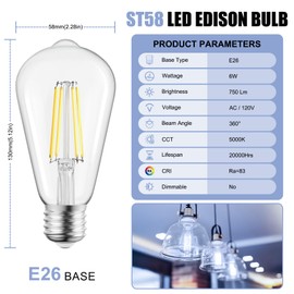 Brightown 6 Pack LED Edison Bulbs, 6W, Equivalent 60W, High Bright 5000K White,750 Lumens, Non-Dimmable, E26 Medium Base ST58 Antique Filament Bulbs with 83+ CRI for Ceiling Fan Bathroom Porch