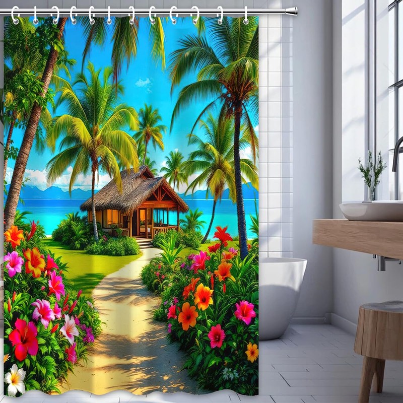 Beach Ocean Palm Tree Shower Curtain Seaside Grass House Floral
