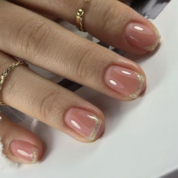 Gold Glitter French Tip Press on Nails Short Square Fake