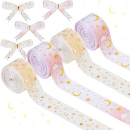 Cheerupp 4 Rolls Golden Moon Star Theme Ribbons, 20 Yards Craft Ribbons for Wreath Hair Bow Wrapping Gifts Packing, Galaxy Grosgrain Ribbons Gender Reveal Birthday Wedding Party Home Accessory Decor