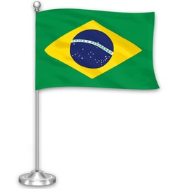 G128 Brazil Brazilian Deluxe Desk Flag Set | 8.5x5.5 In | Printed 300D Polyester, with Silver Dome and Base, 15" Metal Pole, Decorations For Office, Home and Festival Events Celebration