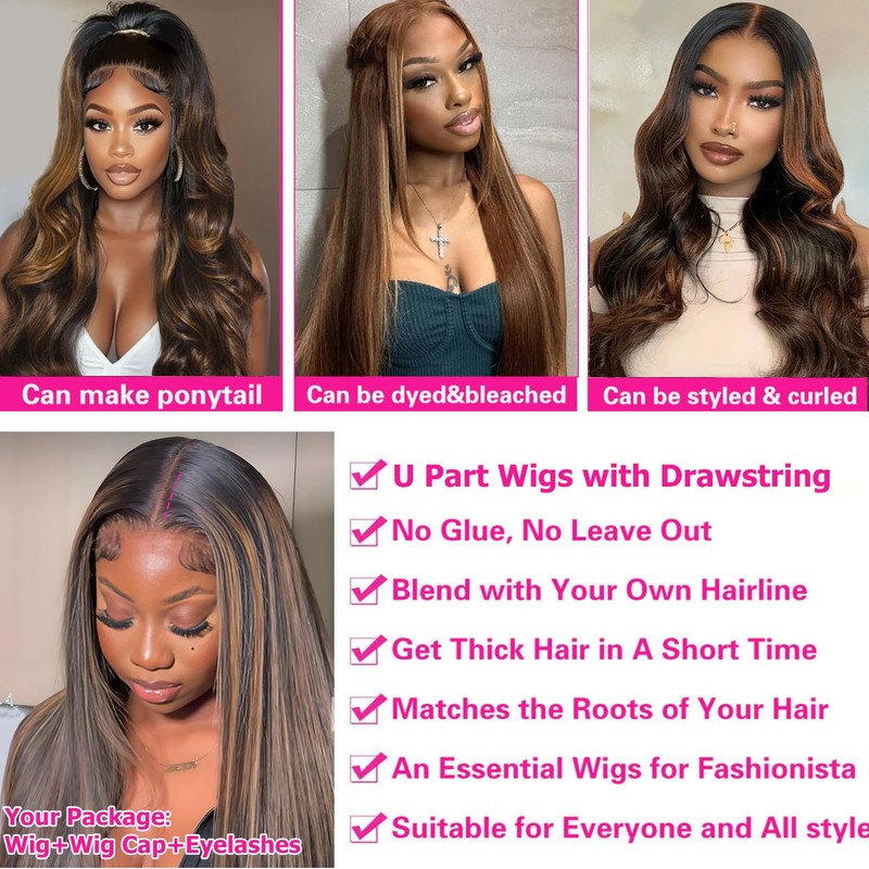 CanaryFly Easicontour U Part Wigs Straight Human Hair For Women