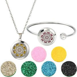 SUNNYCLUE 1Pc Essential Oil Diffuser Bracelet 1Pc Essential Oil Necklace with 10Pcs Refill Pads Flower Stainless Steel Necklaces Adjustable Cuff Bangles Aromatherapy Locket Bracelets for Women Gifts