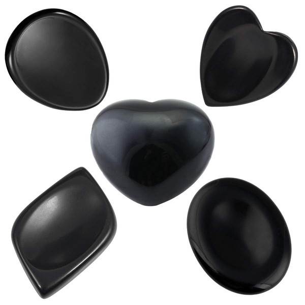 SUNYIK Natural Black Obsidian Thumb Worry Stone and Gemstone Puffy Heart Palm Pocket Crystal Kit for Anxiety Healing Reiki, Assorted Shaped, Set of 5