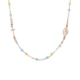 Linea Italia Gioielli - Rosary Necklace for Woman in 925 Silver Rose Plated with Cross, Virgin Mary Medal and Multicolored Patel Stones - Made in Italy Certified Jewel