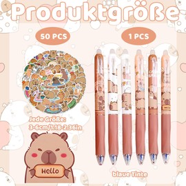 PceGan Capybara Pens, Erasable Ballpoint Pen, Pack of 6 Blue Cartoon Animal Ballpoint Pens and 50 Stickers, Erasable Rollerball Pen Students Gift School Office Supplies School Supplies