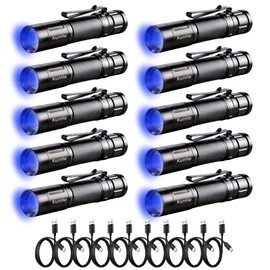 KunHe 10 Pack 365nm UV Flashlight Black Light USB C Rechargeable Aluminum Alloy IPX4 Water Resistant Detachable Double Sided Clip for Resin Curing Pet Urine Detection Travel