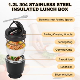 Insulated Food Jar 304 Stainless Steel 1.2L Portable Thermal Lunch Box Insulated Food Container with Spoon for School Travel Black