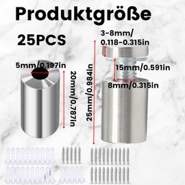 Pack of 25 Stainless Steel Spacers Plexiglas, Wall Spacers for Signs, Glass Holder, Stainless Steel, Advertising Sign for Outdoors, Ideal for Mirrors, Acrylic Posters and Picture Frames