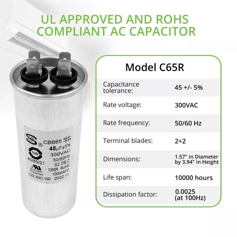 QXParts C65R 45uF 300VAC 50/60Hz 10000AFC C22.2NO.190 85 C Round