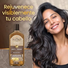 TIO NACHO - Shampoo Anti-Edad. Aporta nutrición y suavidad, con jalea real y extractos de romero, bardana, aloe vera y jojoba. Empaque 100% reciclado, botella con 415ml