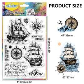 CHGCRAFT Vintage Sailboat Clear Stamps Compass Transparent Stamps Silicone Clear Stamp Seals for DIY Scrapbooking Photo Album Decoration, 4.3x6.3inch