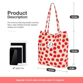 LHMTQVK LHMTQVK Corduroy Tote Bags for Women, Large Capacity Corduroy Bag Reusable Grocery Shoulder Bag with Inner Pockets(Strawberry)