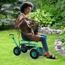 HomVent Garden Cart Rolling Scooter, Rolling Garden Scooter, 4-Wheel Gardening Workseat with Storage Basket, Swivel Seat Adjustable Height＆Steering Handle
