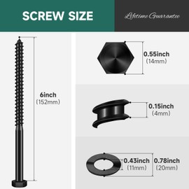 EASTPUK (8Sets) 3/8" x 6" Hex Head Lag Bolts, Heavy Duty Lag Screws with Washers, 304 Stainless Steel, 3/8 Bolt for Wood, Partial Thread, Black Oxide