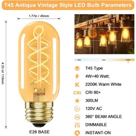 Owilukie E26 LED Bulb 4W Equivalent 40 watt, Vintage Edison Bulbs, Warm White 2200K Amber E26 Edison Bulb dimmable,Tubular T14 T45 LED Light Bulb, AC120V, 300lm, CRI90+, Glass, Pack of 2
